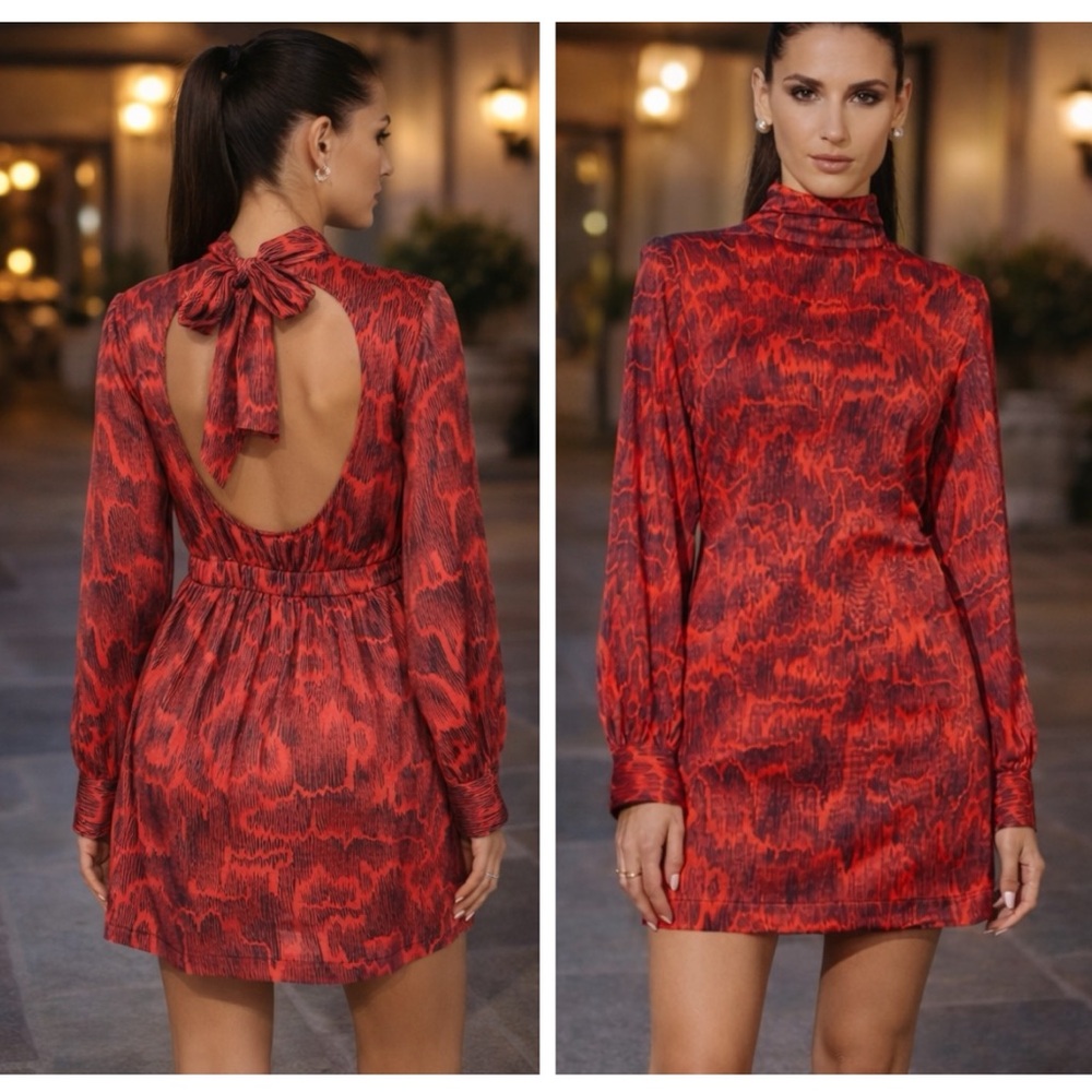 NWT OPEN EDIT Red Bloom Animal Camo Satin Mini Dress Open Back Long Sleeve Sz XS